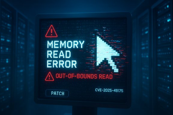 Monitor shows a memory read error with an out-of-bounds read warning on a server rack.