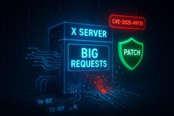 Neon blue server labeled X SERVER handles BIG REQUESTS, with a green PATCH shield and CVE tag.