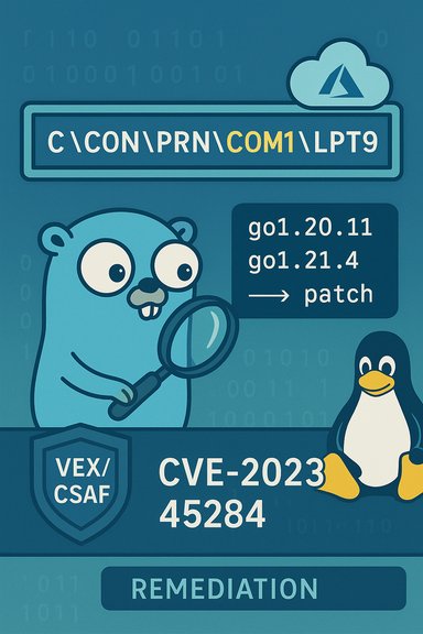 Cartoon bear and Linux penguin examine and patch CVE-2023-45284 in a tech infographic.