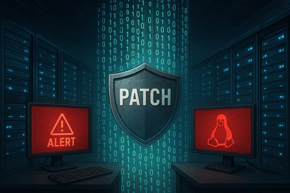 A data center scene with a PATCH shield, binary code backdrop, and red alert screens.