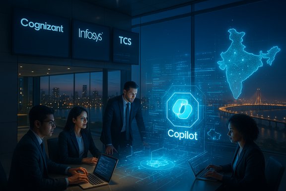 A team of professionals in a futuristic meeting room reviews a Copilot hologram beside an India map.