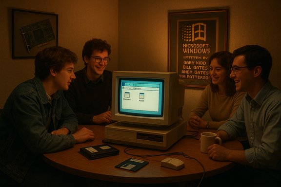 Four friends gather around a vintage CRT computer, smiling at the Windows desktop.