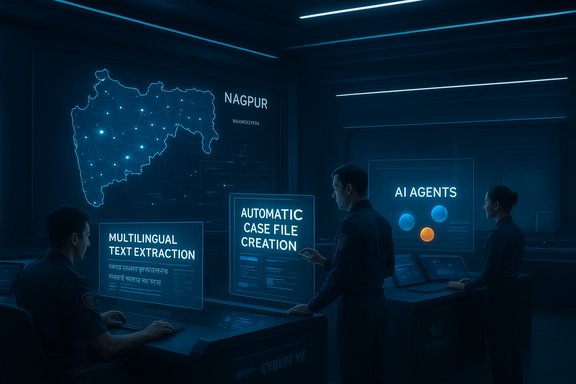 AI agents at a futuristic command center analyze multilingual data in Nagpur.