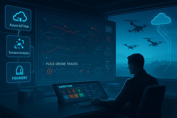A futuristic control room where a technician monitors drone activity on large analytics screens.