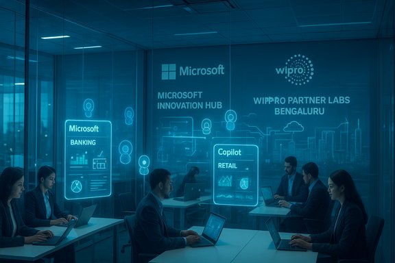 Professionals work on laptops inside a glass-walled Microsoft Innovation Hub with Wipro partner labs.