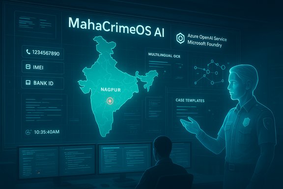 High-tech command center displaying MahaCrimeOS AI mapping crime data across India.