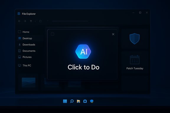 Dark Windows-style desktop with a floating AI 'Click to Do' card over File Explorer.