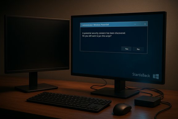 Dimly lit desk with dual monitors; an Admin PowerShell prompt asks to run a script.
