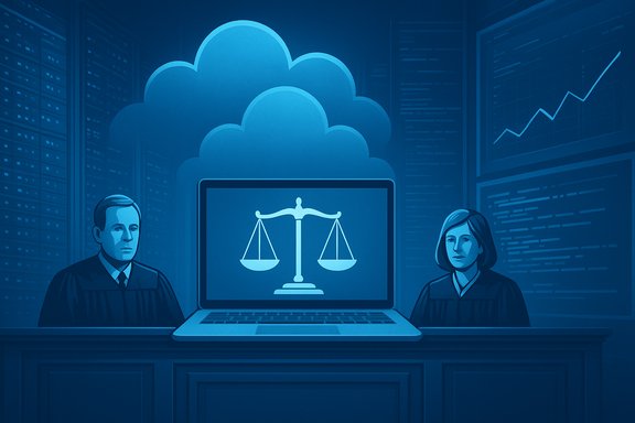 Cloud-based legal proceedings as scales of justice appear on a laptop in court.