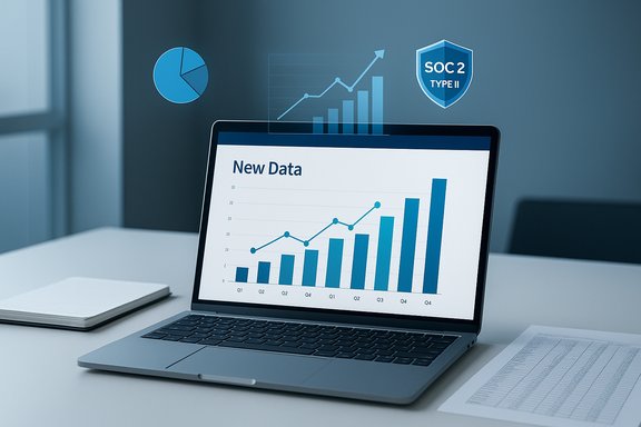 Laptop displays a New Data bar chart with rising bars and analytics icons.