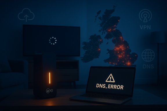 DNS_ERROR on a laptop in a dim room, with a glowing router and a lit UK network map.