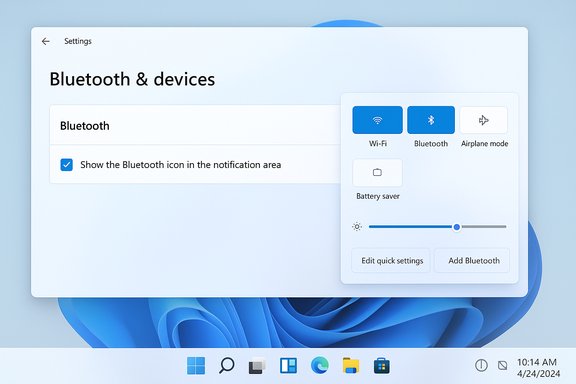 Windows 11-style Settings screen showing Bluetooth & devices with a floating quick settings panel.