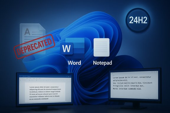 Windows 11 24H2 desktop with Word and Notepad icons stamped DEPRECATED.