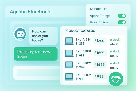 Mint-colored AI storefront UI with a chat prompt and a laptop product catalog.