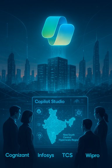 Futuristic cityscape with a glowing Copilot Studio logo above a holographic map of India.
