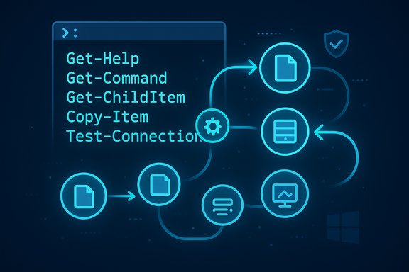 PowerShell command flow: Get-Help, Get-Command, Get-ChildItem, Copy-Item, Test-Connection.