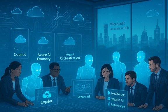 Professionals in a Microsoft Innovation Hub gather around holographic AI panels, including Copilot and Azure AI Foundry.