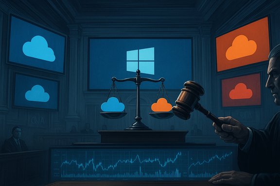 In a Windows-themed courtroom, a gavel weighs blue and orange cloud icons on screens.