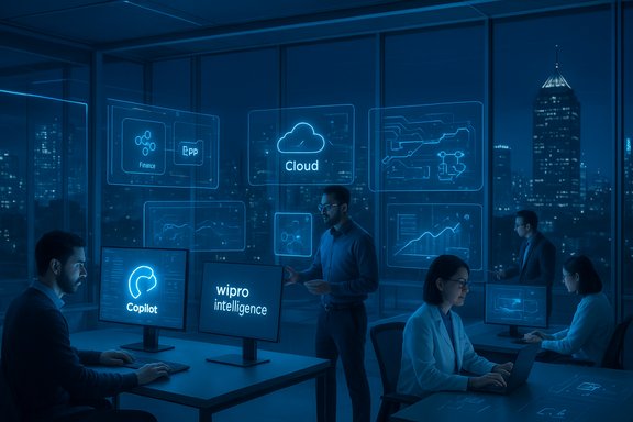 Team of analysts in a futuristic command center with holographic cloud dashboards.