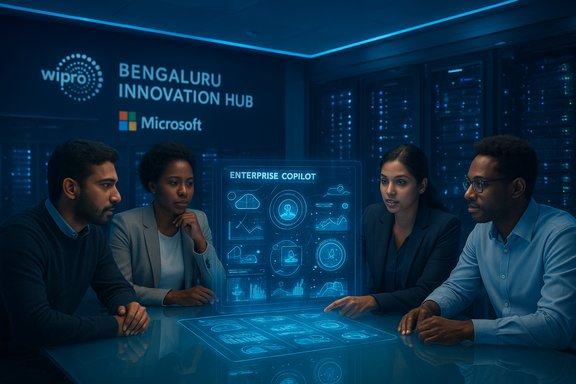 A diverse team reviews a holographic Enterprise Copilot in a blue Bengaluru Innovation Hub.