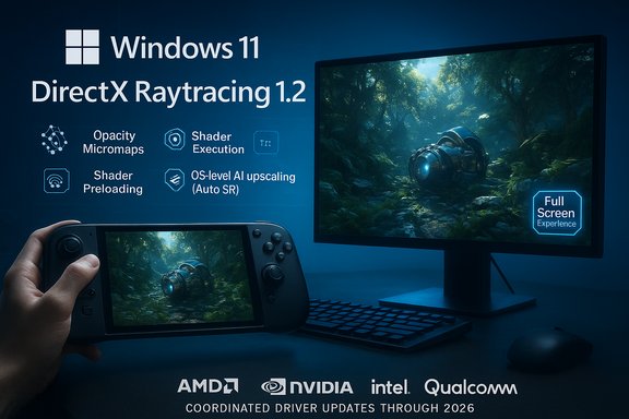 Windows 11 DirectX Raytracing 1.2 demo: forest scene on handheld and monitor.