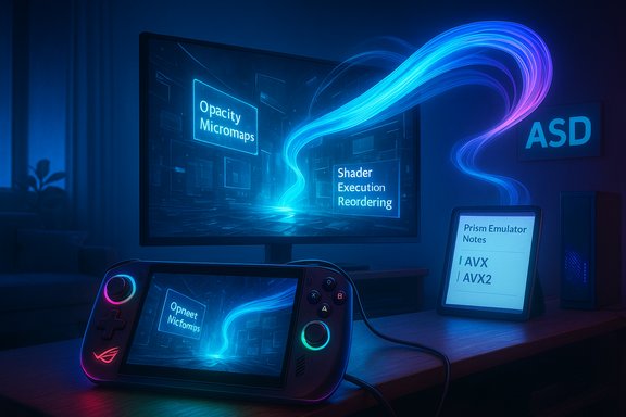 A neon-blue gaming setup with a Switch, a monitor displaying shader visuals, and Prism Emulator notes.