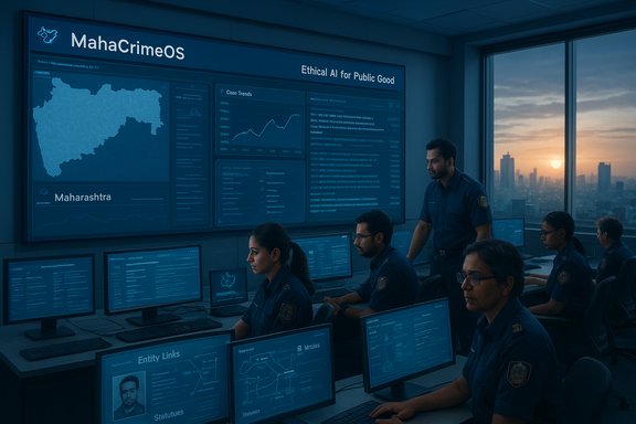 Police officers monitor crime data on large screens in a MahaCrimeOS control room at sunset.