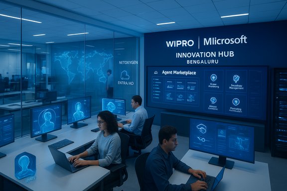 Wipro-Microsoft Innovation Hub in Bengaluru with engineers at workstations.