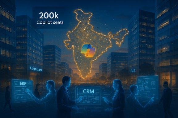 Glowing map of India shows 200k Copilot seats amid a futuristic city with holographic ERP/CRM screens.