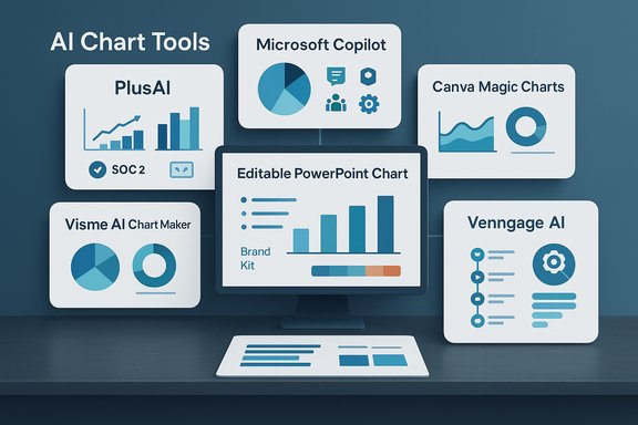 A collage of AI-powered chart tools displayed on a blue workspace.