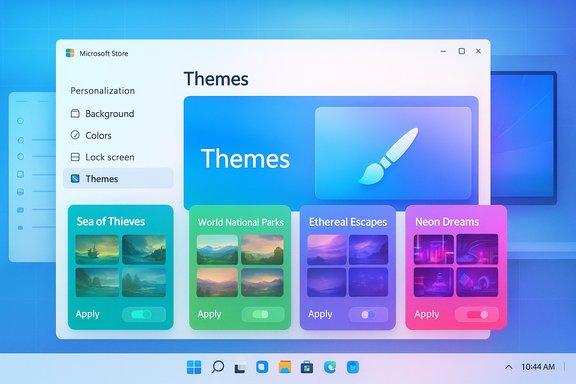 Microsoft Store themes page showing colorful options like Sea of Thieves, World National Parks, and Neon Dreams.