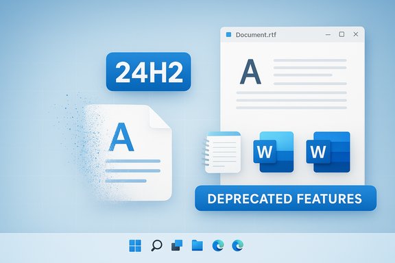 Illustration of 24H2 with a “Deprecated Features” banner and Word/document icons.