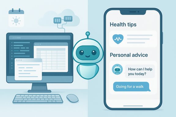 A friendly robot assistant beside a computer and a smartphone showing health tips.