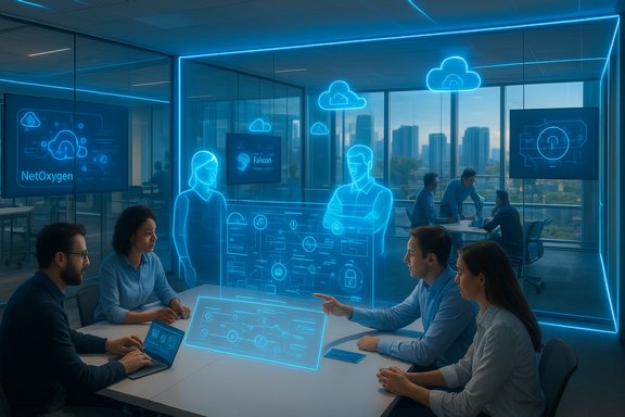 A futuristic team meeting with holographic blue displays and cloud icons in a glass-walled office.
