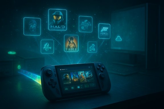 A handheld gaming console projects holographic game icons, including Halo, Fable, and Forza.