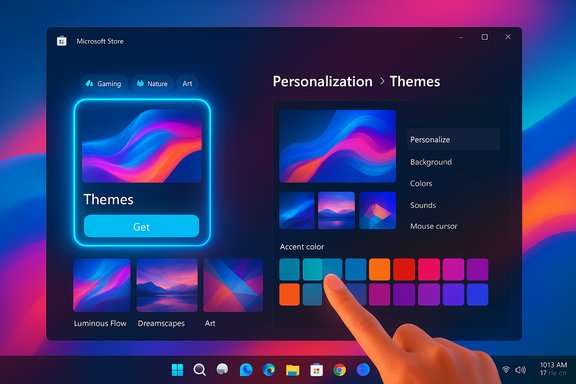 Windows-style theme picker with a glowing blue tile and color palette options.