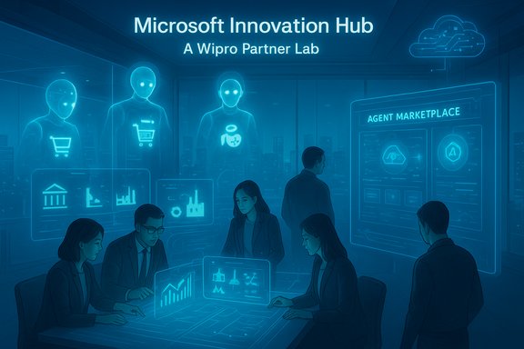 Microsoft Innovation Hub: a Wipro partner lab with holographic displays and collaborative teams.