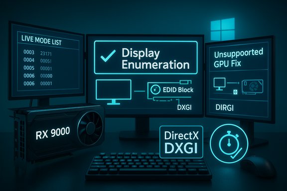 Neon-blue workstation displaying Display Enumeration and DirectX DXGI with an RX 9000 GPU.