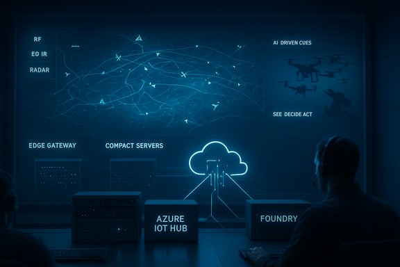 Blue-lit command center with AI-driven map, cloud hub, and edge gateway servers.