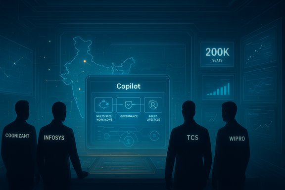 Silhouetted tech staff in a futuristic control room viewing a central Copilot dashboard.