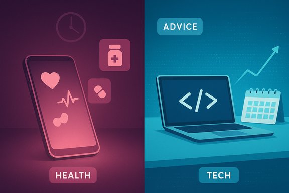Split-panel illustration contrasting health tech on the left with a phone and medicine icons, and tech on the right.