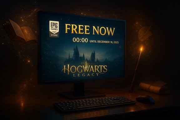 Hogwarts Legacy promo on the Epic Games Store, displaying “Free Now” on a dark, magical desk setup.