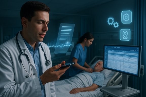 Doctor uses a holographic medical interface on a phone while a nurse treats a patient in a hospital.