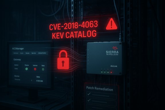 A dark server rack shows a red CVE-2018-4063 alert with a padlock and a Sierra Wireless AirLink device.