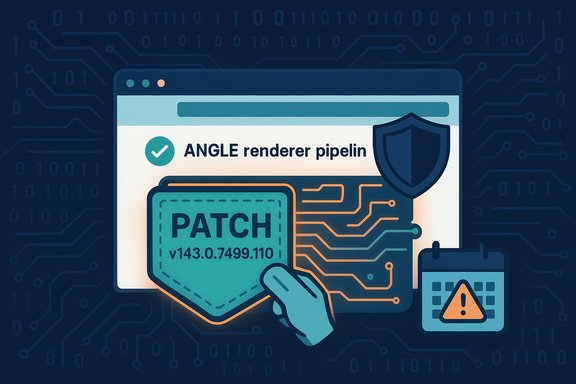 Illustration of patching the ANGLE render pipeline, featuring a shield and warning icon.