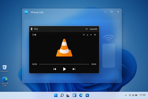 Windows 11 desktop with a Phone Link window over VLC media player.
