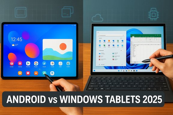 Split-screen view comparing an Android tablet (left) with a Windows tablet (right) using a stylus.