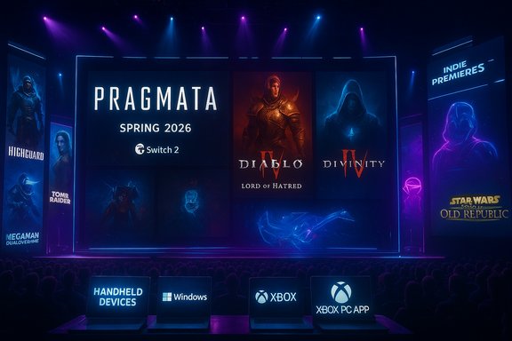 Stage presentation announcing PRAGMATA Spring 2026, with Diablo IV poster and indie premieres.