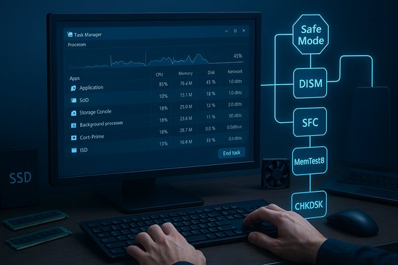 A PC screen shows a task-manager dashboard of processes and performance, with a neon Safe Mode flowchart to the right.