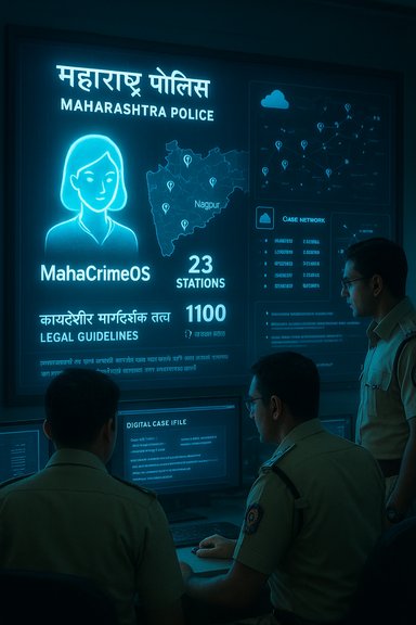 Maharashtra Police command center dashboard showing MahaCrimeOS with Nagpur map and 23 stations.